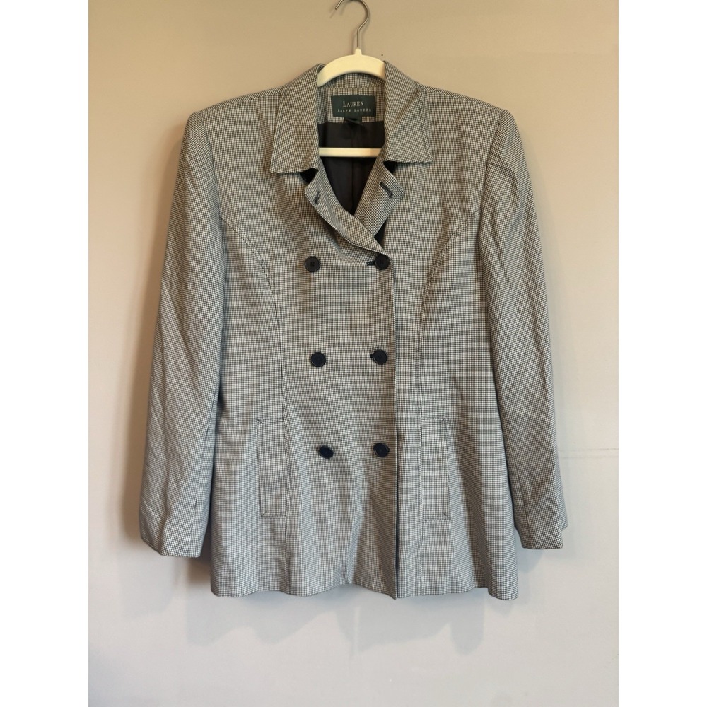 VTG 90s Lauren Ralph Lauren Jacket  14 Black White Houndstooth‎ Double Breasted